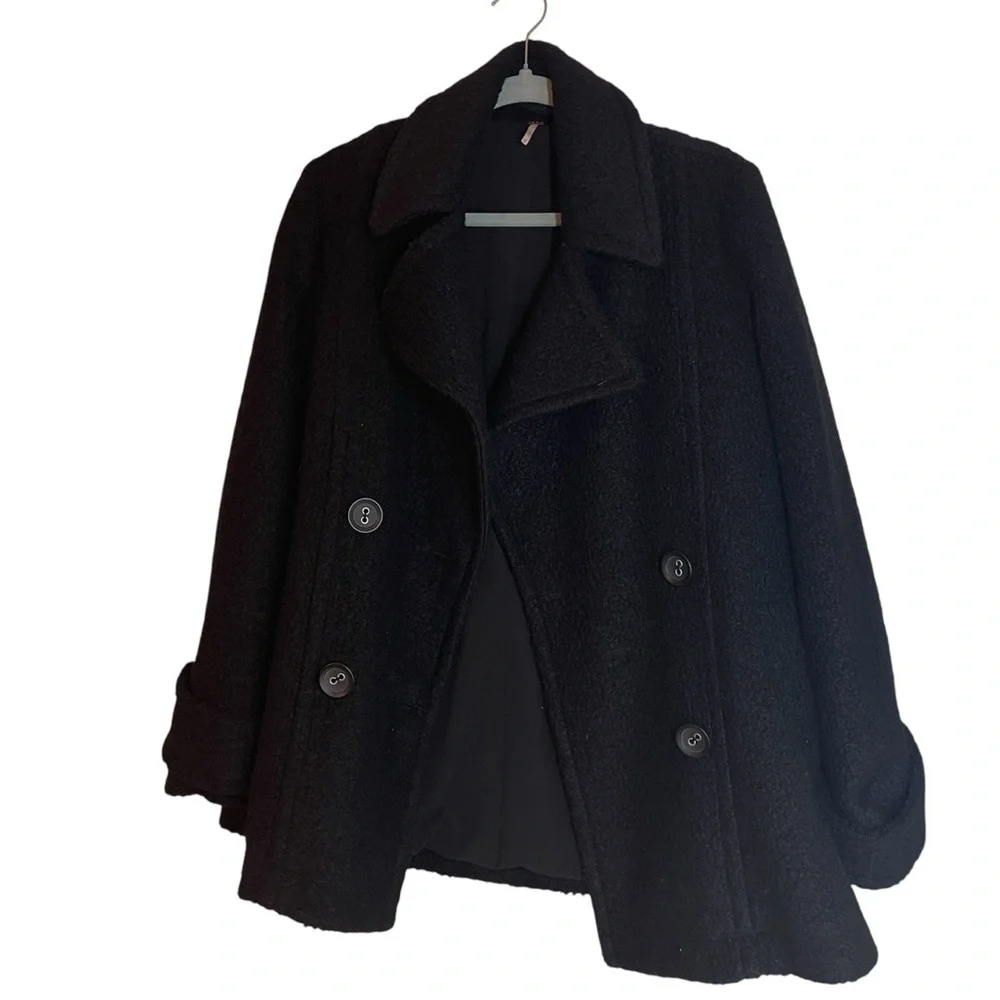 Free People Classic Black Double-Breasted Pea Coat EUC